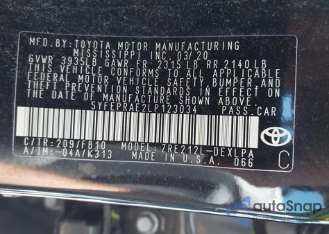 2020 Toyota Corolla Le from USA, damaged, VIN 5YFEPRAE2LP123034